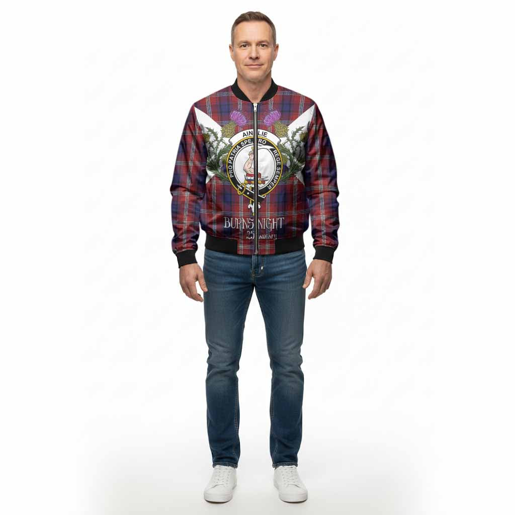 Ainslie Tartan Family Crest Bomber Jacket Scottish Burns Night Thistle Floral