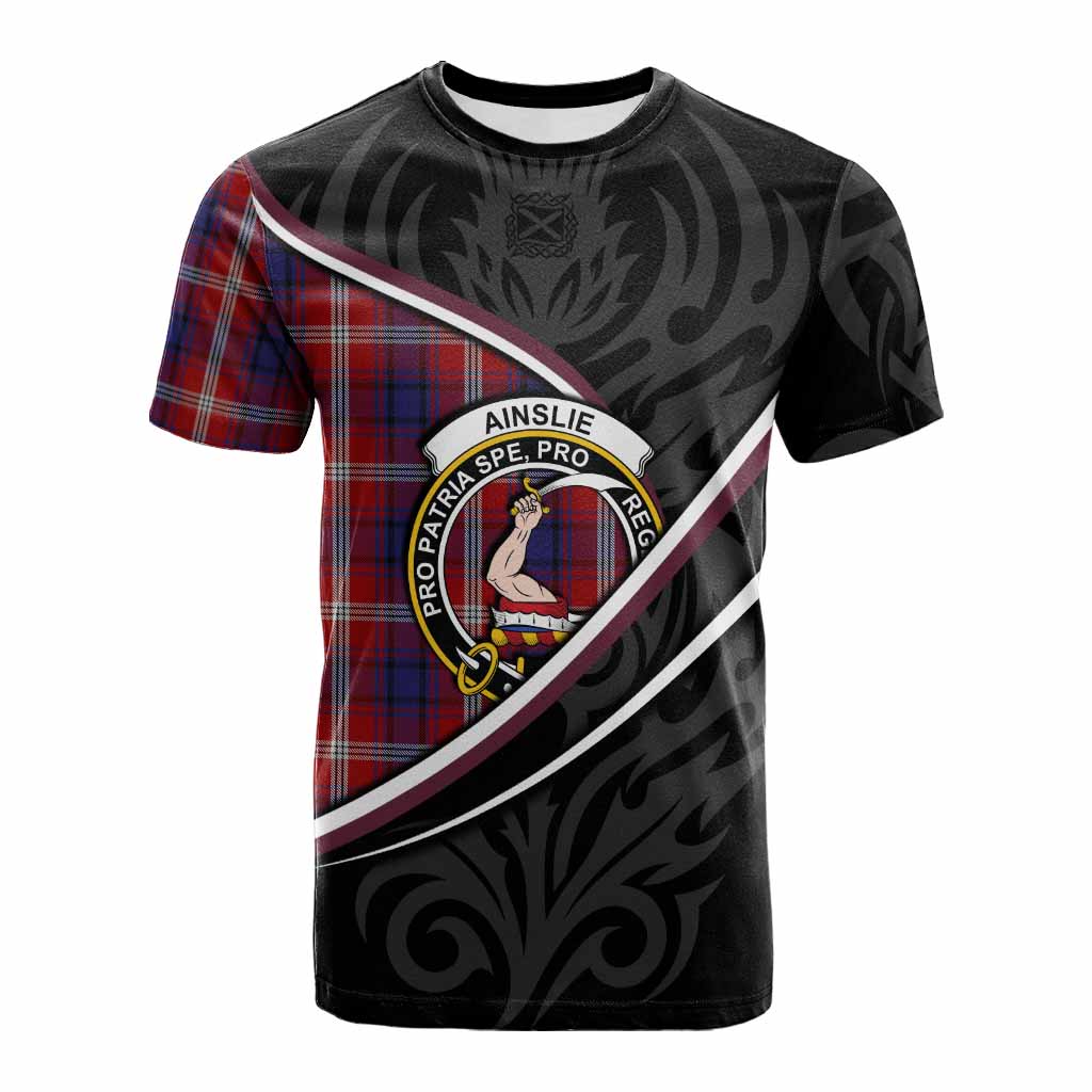 Ainslie Tartan Family Crest Cotton T-shirt Celtic Scottish Thistle Floral - Tartan Vibes Clothing