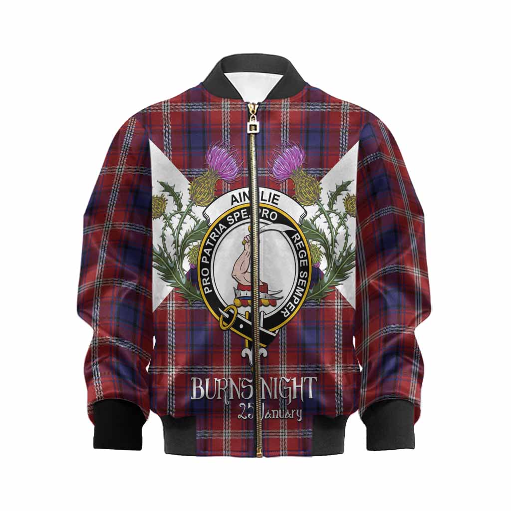 Ainslie Tartan Family Crest Kid Bomber Jacket Scottish Burns Night Thistle Floral