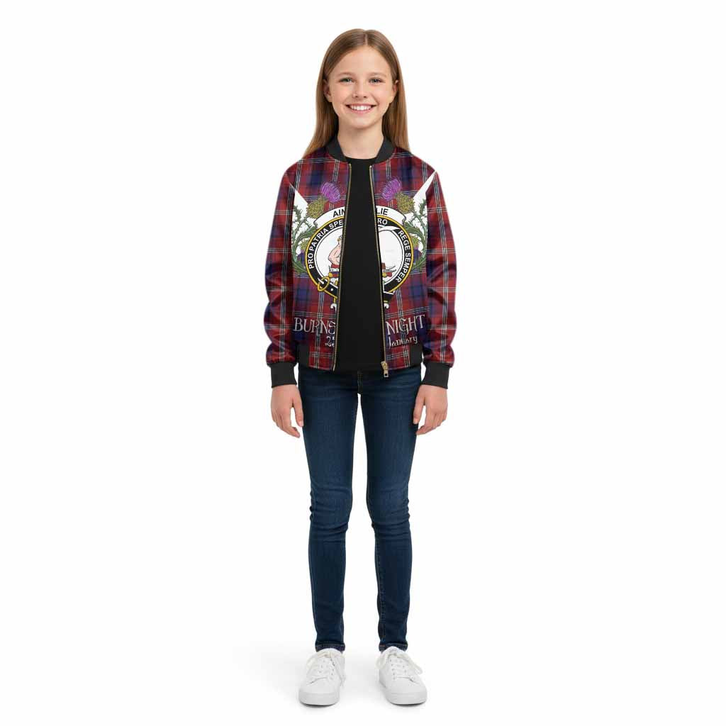 Ainslie Tartan Family Crest Kid Bomber Jacket Scottish Burns Night Thistle Floral