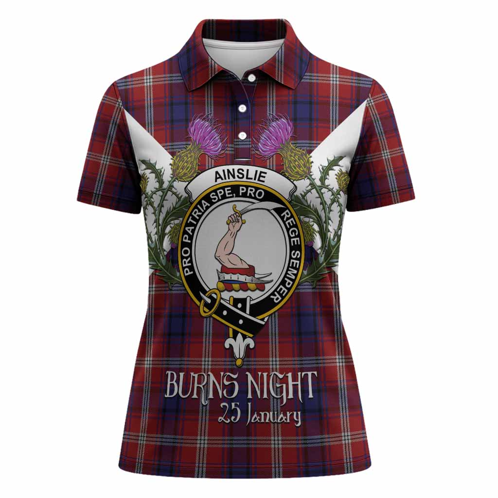 Ainslie Tartan Family Crest Women Polo Shirt Scottish Burns Night Thistle Floral
