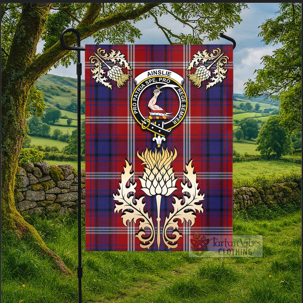 Ainslie Tartan Garden Flag with Golden Regal Scottish Thistle Emblem - Tartan Vibes Clothing