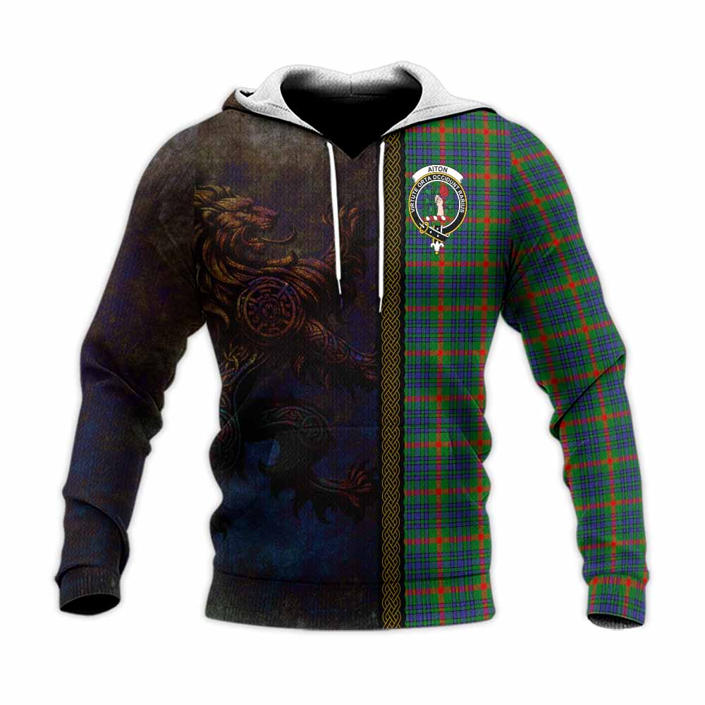 Tartan Vibes Clothing Aiton Tartan Family Crest Knitted Hoodie Alba Gu Brath Be Brave Lion Ancient Style