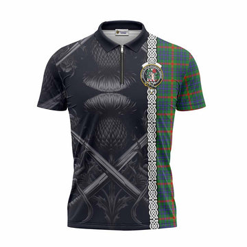 Aiton Tartan Zipper Polo Shirt with Family Crest Cross Sword Thistle Celtic Vibes Unisex - Tartan Vibes Clothing