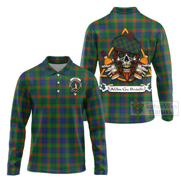 Aiton Tartan Long Sleeve Polo Shirt with Family Crest and Bearded Skull Holding Bottles of Whiskey Unisex - Tartan Vibes Clothing