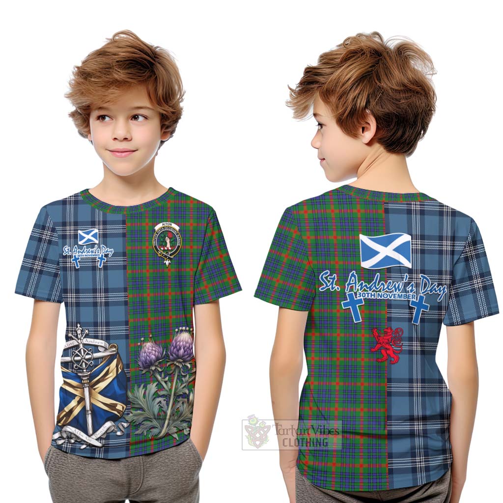 Aiton Tartan Kid T-Shirt Happy St. Andrew's Day Half Tartan Style Youth XL Size14 - Tartan Vibes Clothing
