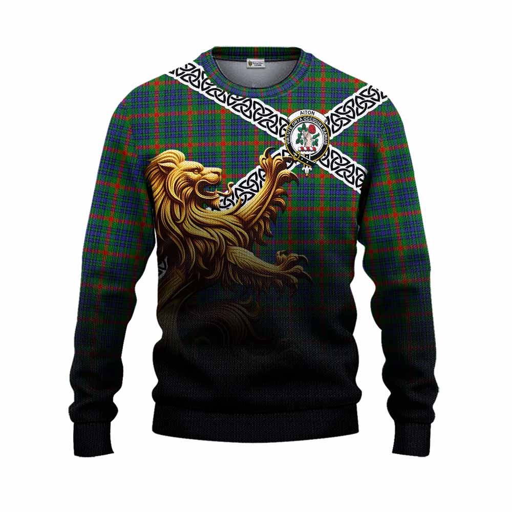 Aiton Crest Tartan Knitted Sweater with Golden Lion Emblem Celtic Style Unisex - Tartan Vibes Clothing