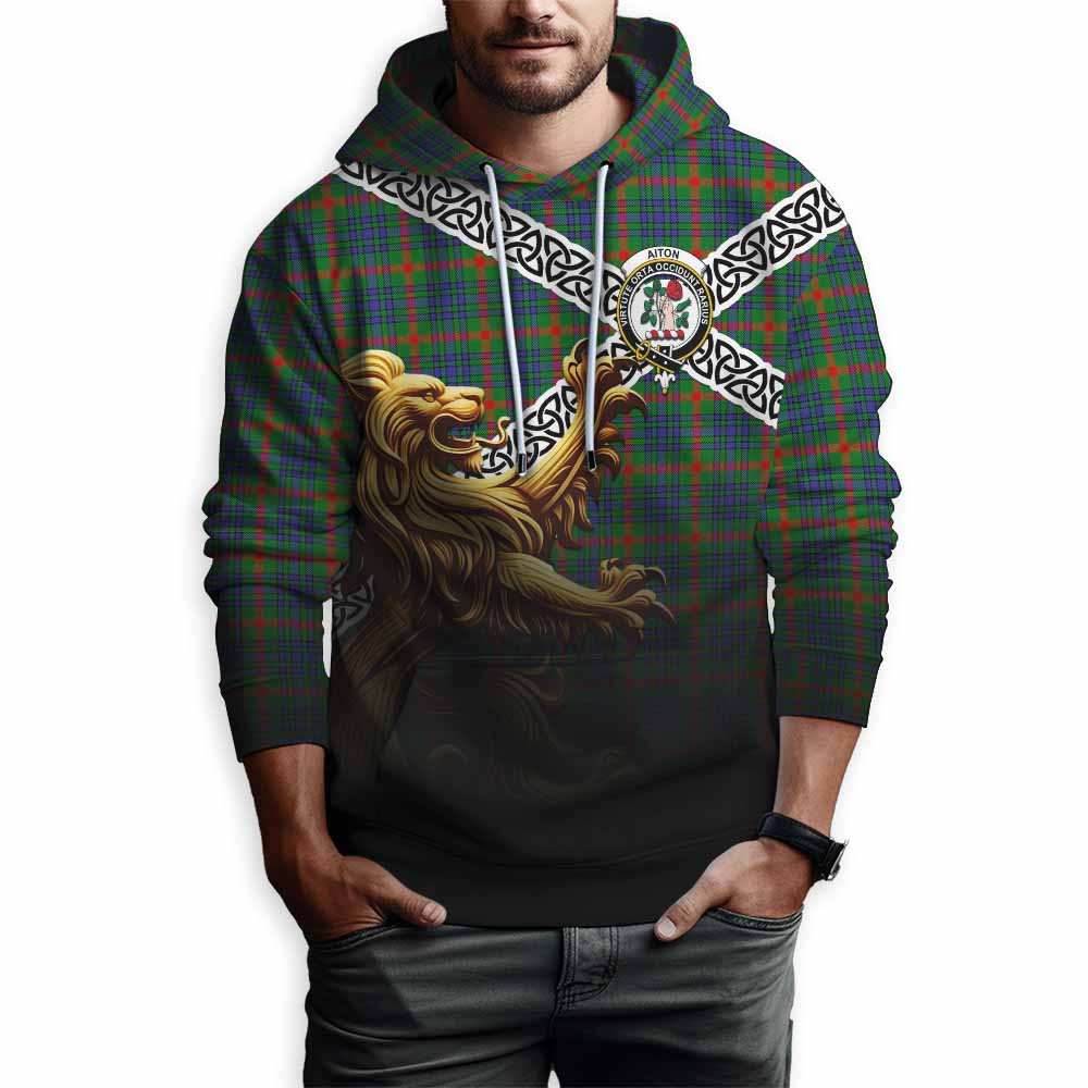Aiton Crest Tartan Hoodie with Golden Lion Emblem Celtic Style Pullover Hoodie - Tartan Vibes Clothing