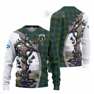 Aiton Tartan Knitted Sweater with Family Crest and St. Andrew's Cross Accented by Thistle Vines Unisex - Tartan Vibes Clothing