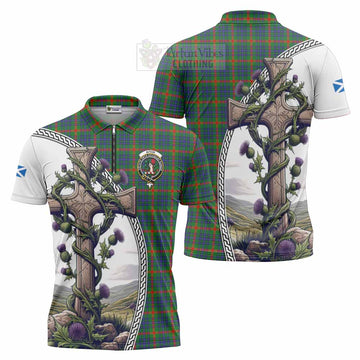 Aiton Tartan Zipper Polo Shirt with Family Crest and St. Andrew's Cross Accented by Thistle Vines Unisex - Tartan Vibes Clothing