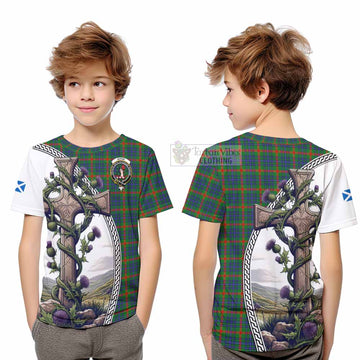 Aiton Tartan Kid T-Shirt with Family Crest and St. Andrew's Cross Accented by Thistle Vines Youth XL Size14 - Tartan Vibes Clothing