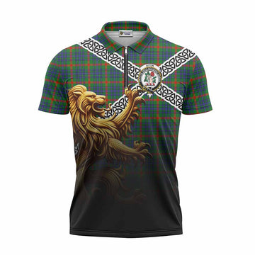 Aiton Crest Tartan Zipper Polo Shirt with Golden Lion Emblem Celtic Style Unisex - Tartan Vibes Clothing