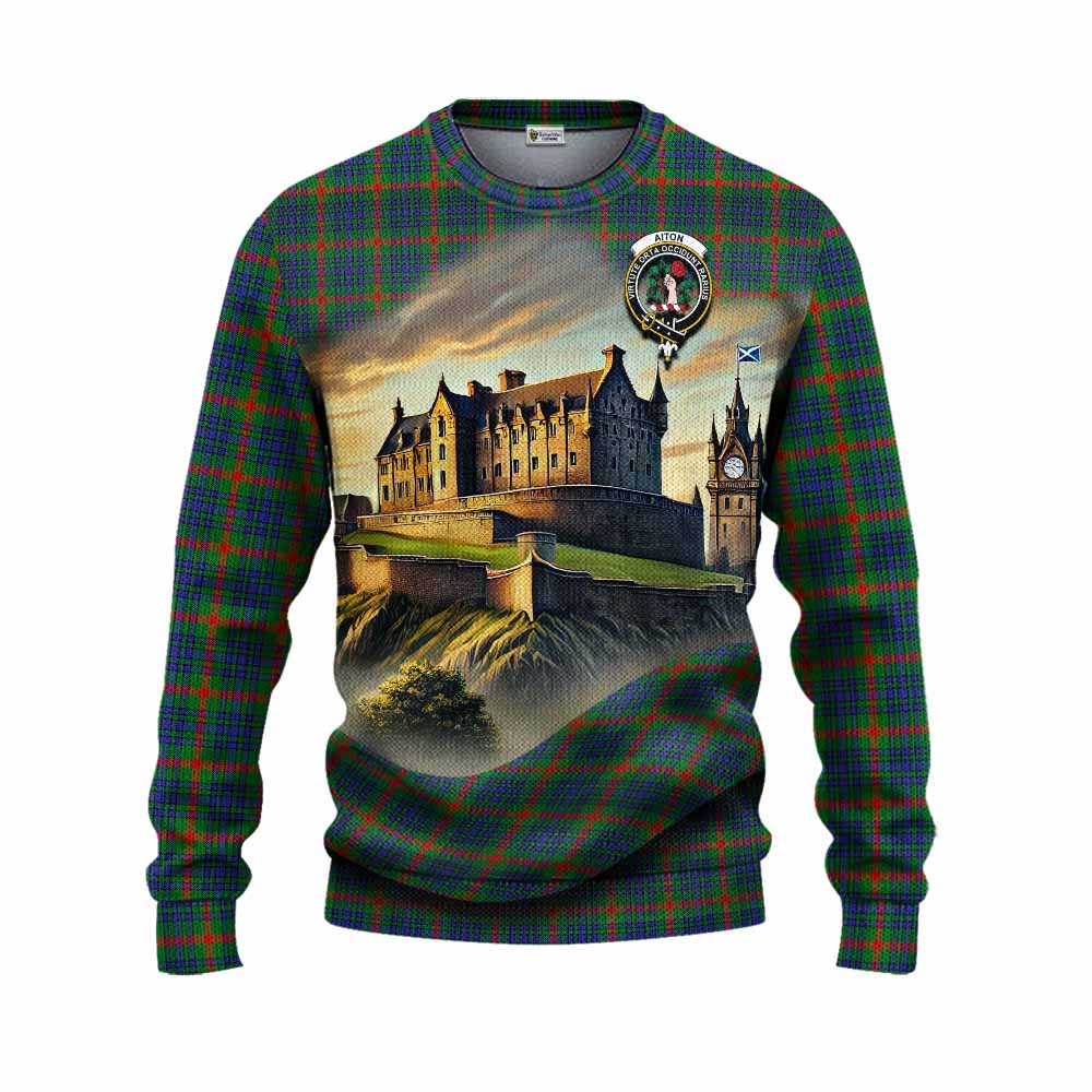 Aiton Tartan Family Crest Knitted Sweater with Scottish Ancient Castle Style Unisex - Tartan Vibes Clothing
