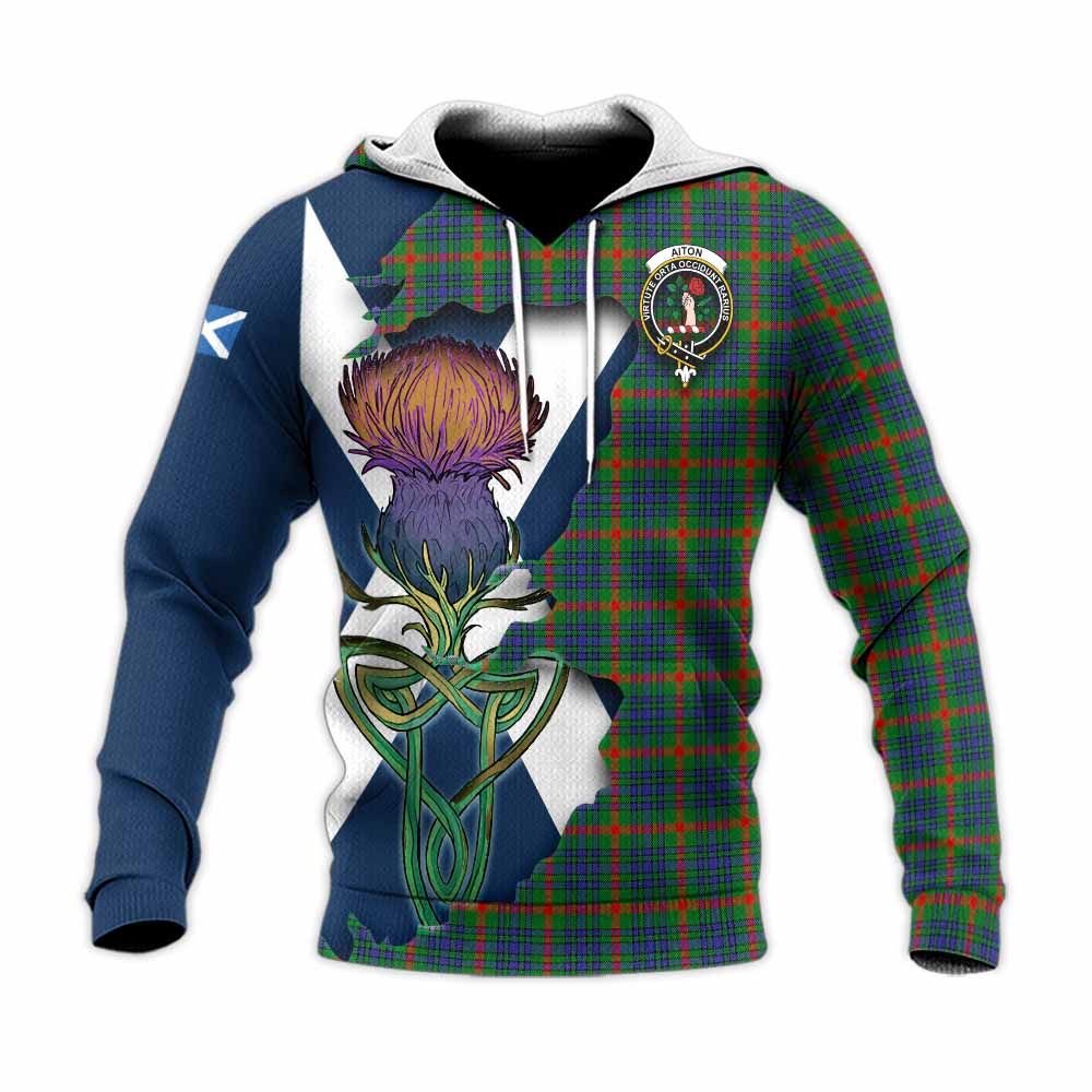 Tartan Vibes Clothing Aiton Tartan Family Crest Knitted Hoodie Scottish Thistle Celtic Inspired