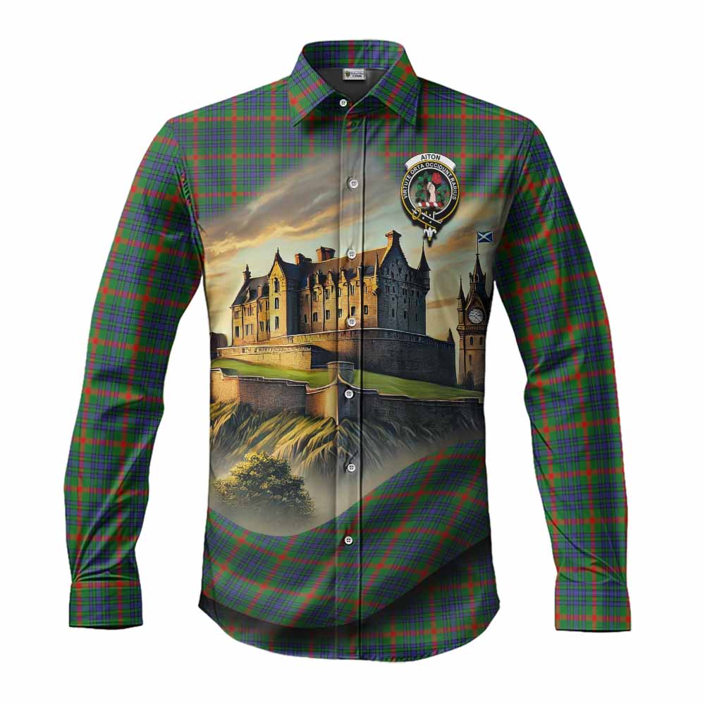 Tartan Vibes Clothing Aiton Tartan Family Crest Long Sleeve Button Shirt with Scottish Ancient Castle Style