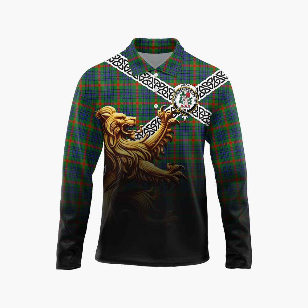 Aiton Crest Tartan Long Sleeve Polo Shirt with Golden Lion Emblem Celtic Style Unisex - Tartan Vibes Clothing