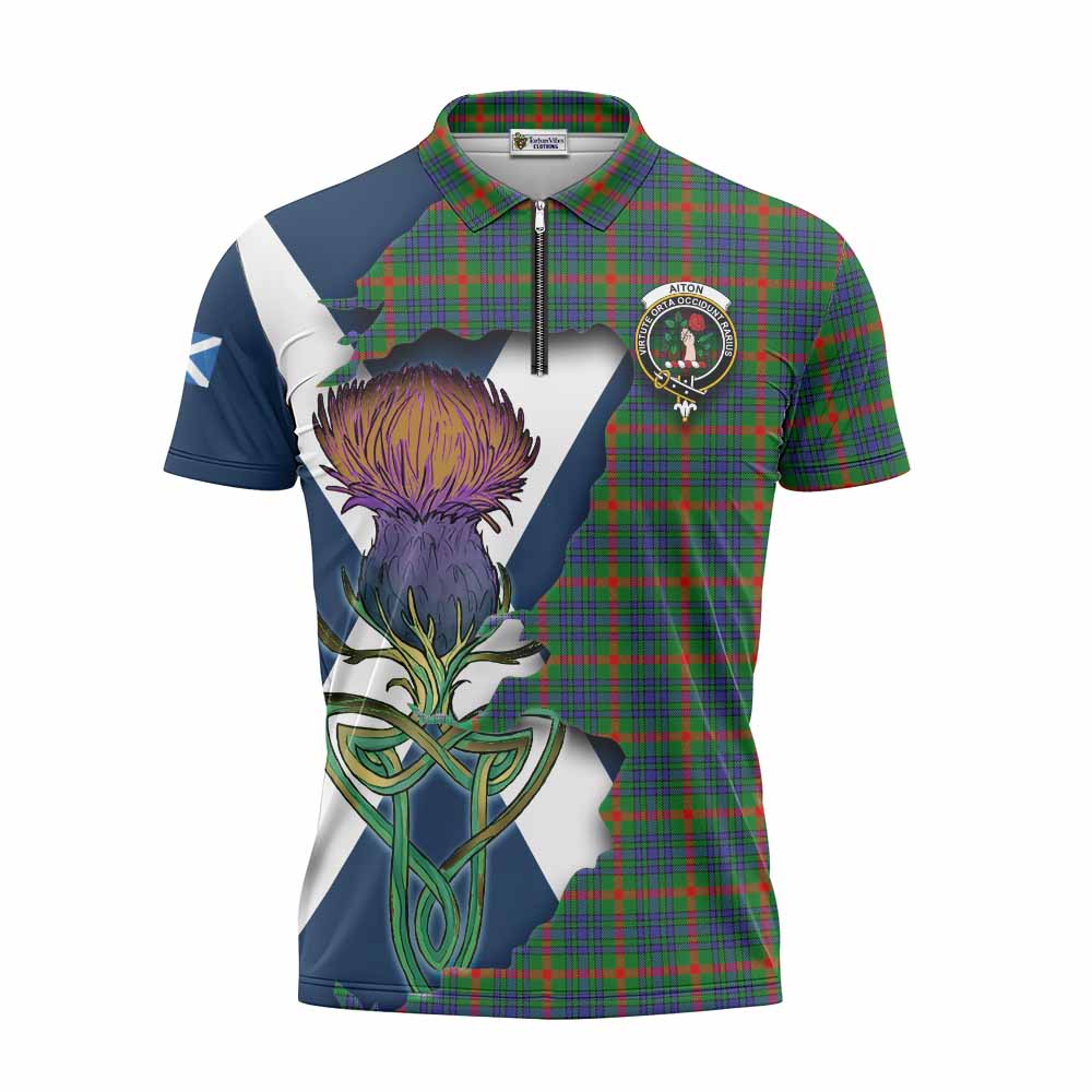 Tartan Vibes Clothing Aiton Tartan Family Crest Zipper Polo Shirt Scottish Thistle Celtic Inspired