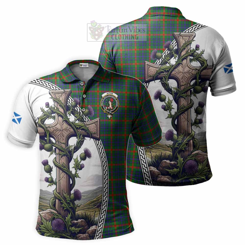 Tartan Vibes Clothing Aiton Tartan Polo Shirt with Family Crest and St. Andrew's Cross Accented by Thistle Vines