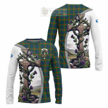 Aiton Tartan Long Sleeve T-Shirt with Family Crest and St. Andrew's Cross Accented by Thistle Vines Unisex - Tartan Vibes Clothing