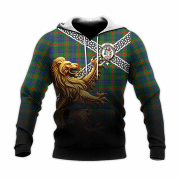 Tartan Vibes Clothing Aiton Crest Tartan Knitted Hoodie with Golden Lion Emblem Celtic Style