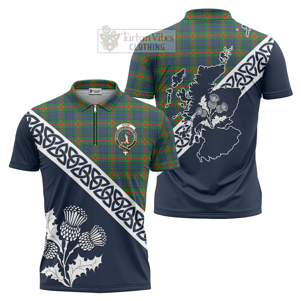 Aiton Tartan Zipper Polo Shirt Featuring Thistle and Scotland Map Unisex - Tartanvibesclothing Store