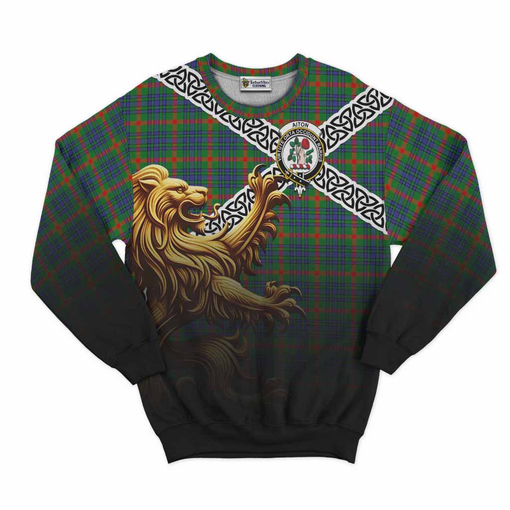 Aiton Crest Tartan Sweatshirt with Golden Lion Emblem Celtic Style Unisex - Tartan Vibes Clothing