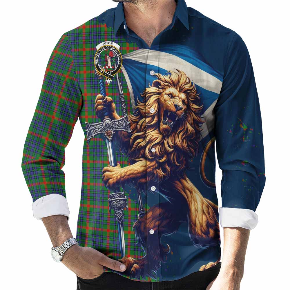 Aiton Tartan Family Crest Long Sleeve Button Shirt with Scottish Majestic Lion Men's Shirt S - Tartan Vibes Clothing