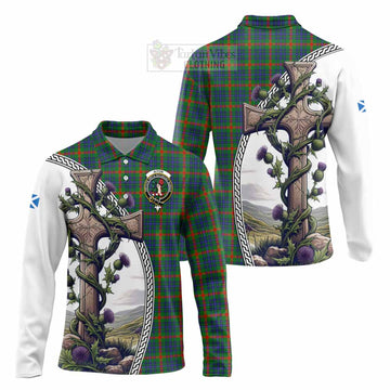 Aiton Tartan Long Sleeve Polo Shirt with Family Crest and St. Andrew's Cross Accented by Thistle Vines Unisex - Tartan Vibes Clothing