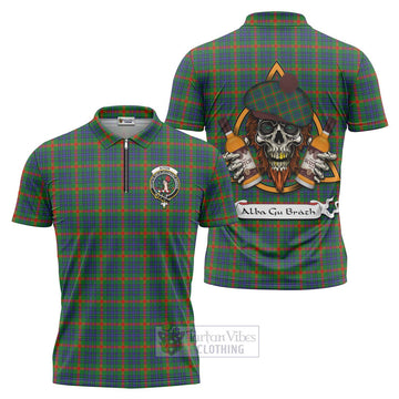 Aiton Tartan Zipper Polo Shirt with Family Crest and Bearded Skull Holding Bottles of Whiskey Unisex - Tartan Vibes Clothing