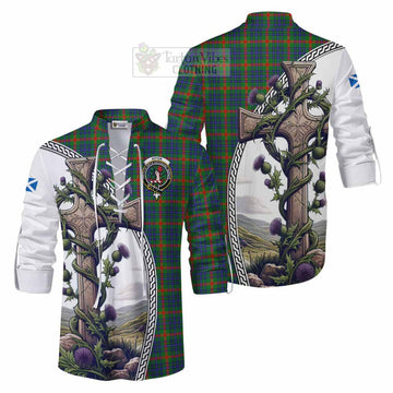 Aiton Tartan Ghillie Kilt Shirt with Family Crest and St. Andrew's Cross Accented by Thistle Vines Men - Tartan Vibes Clothing