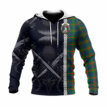 Tartan Vibes Clothing Aiton Tartan Knitted Hoodie with Family Crest Cross Sword Thistle Celtic Vibes