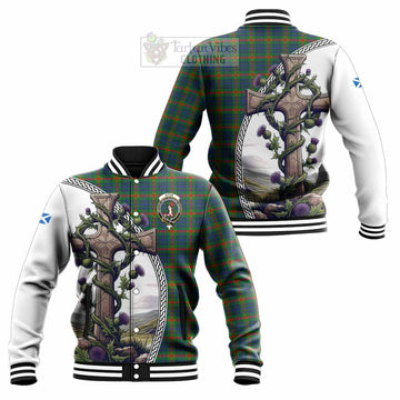 Aiton Tartan Baseball Jacket with Family Crest and St. Andrew's Cross Accented by Thistle Vines Unisex - Tartan Vibes Clothing