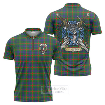 Aiton Tartan Zipper Polo Shirt with Family Crest Celtic Skull Style Unisex - Tartan Vibes Clothing