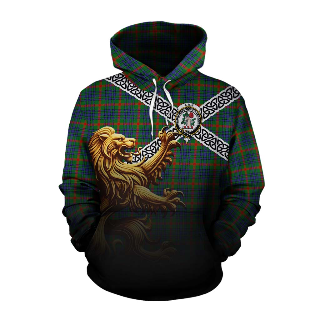 Aiton Crest Tartan Cotton Hoodie with Golden Lion Emblem Celtic Style Pullover Hoodie XS - Tartan Vibes Clothing
