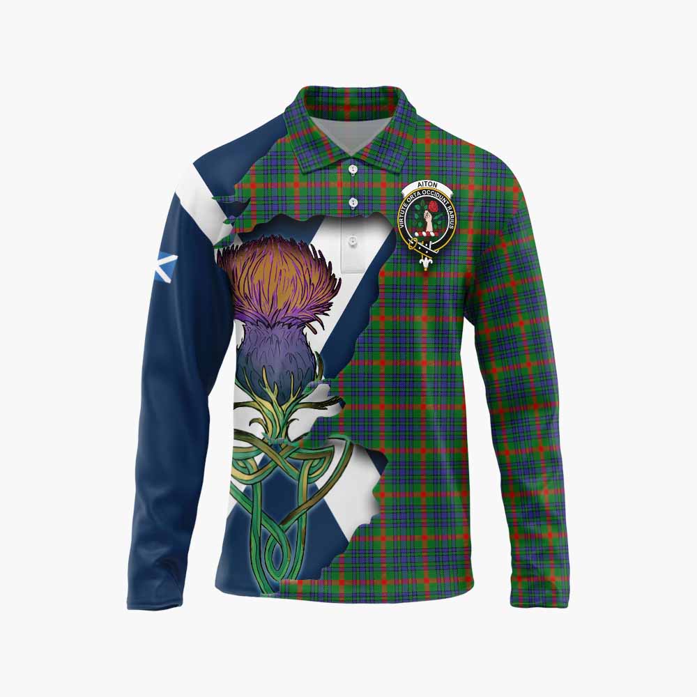 Tartan Vibes Clothing Aiton Tartan Family Crest Long Sleeve Polo Shirt Scottish Thistle Celtic Inspired