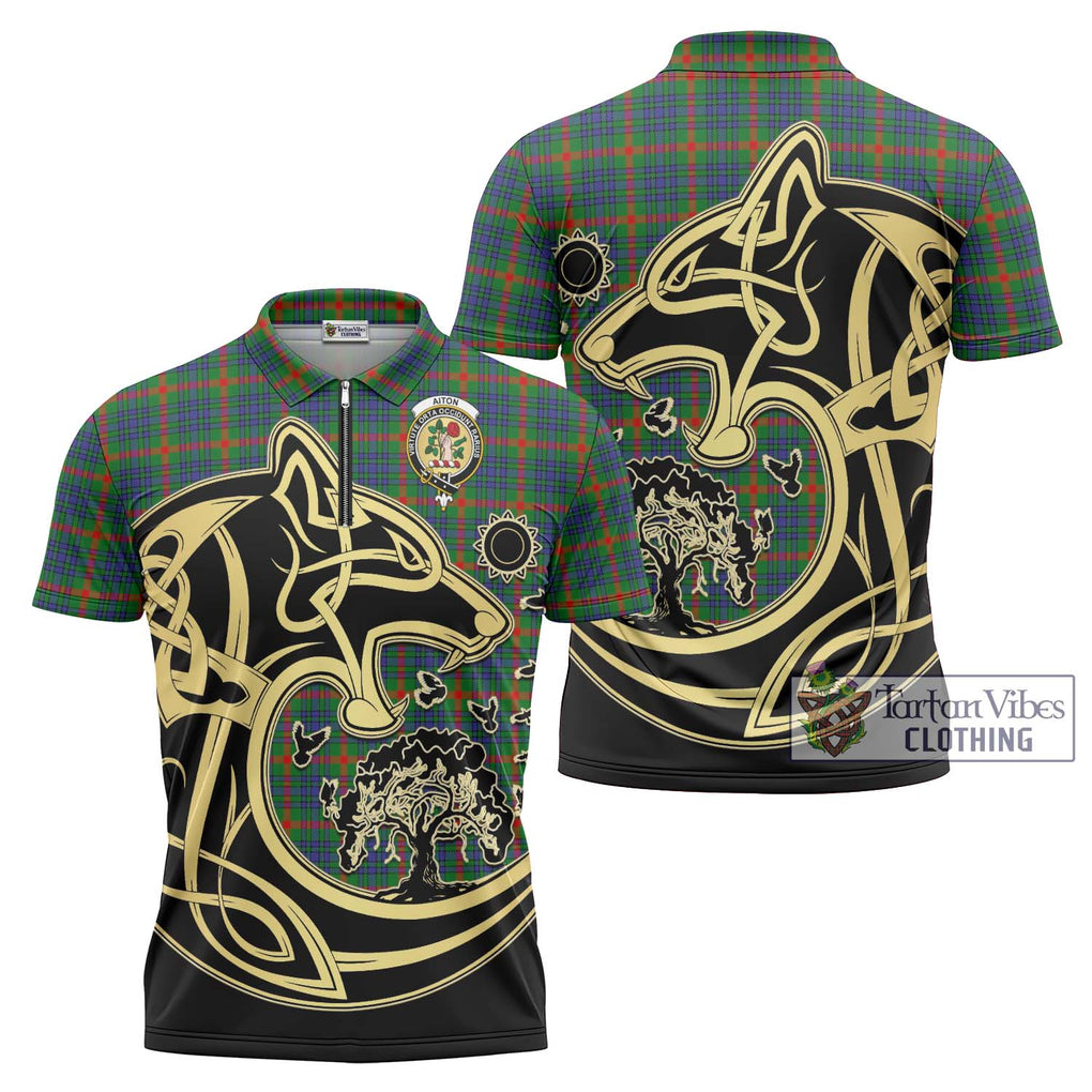 Aiton Tartan Zipper Polo Shirt with Family Crest Celtic Wolf Style Unisex - Tartan Vibes Clothing