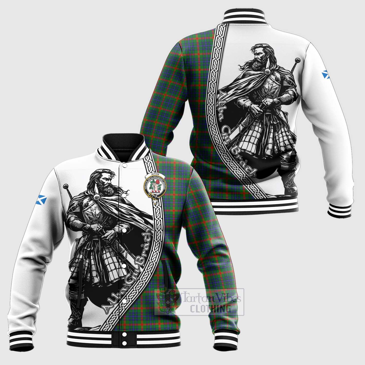 Aiton Tartan Clan Crest Baseball Jacket with Highlander Warrior Celtic Style Unisex - Tartan Vibes Clothing
