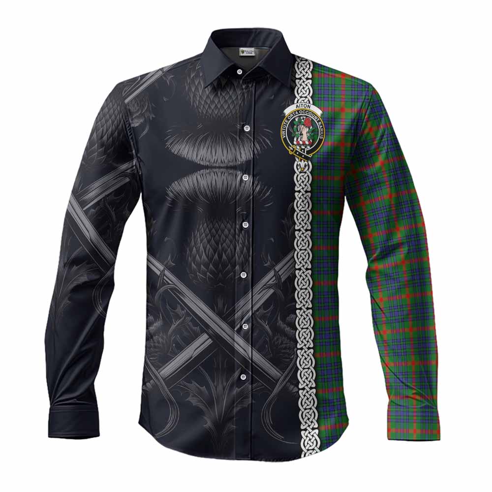 Tartan Vibes Clothing Aiton Tartan Long Sleeve Button Shirt with Family Crest Cross Sword Thistle Celtic Vibes