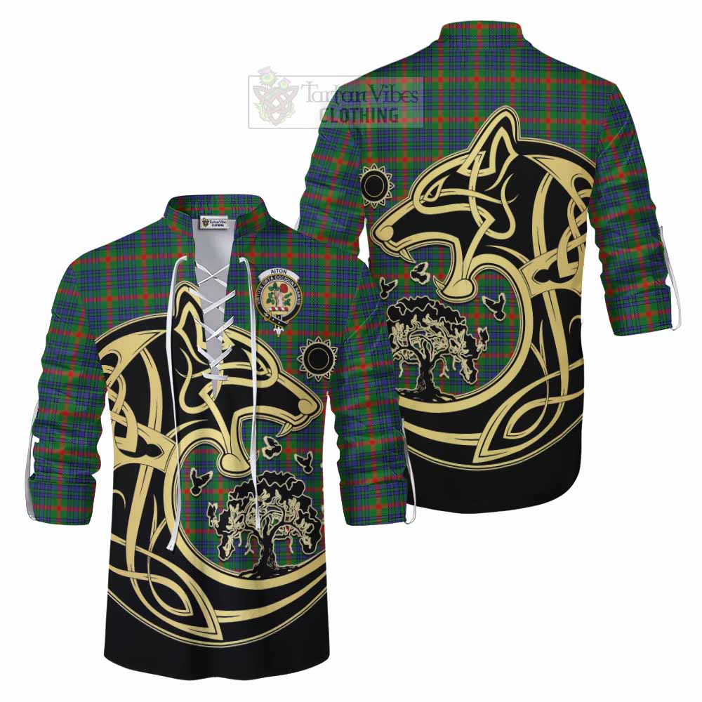 Aiton Tartan Ghillie Kilt Shirt with Family Crest Celtic Wolf Style Men - Tartan Vibes Clothing