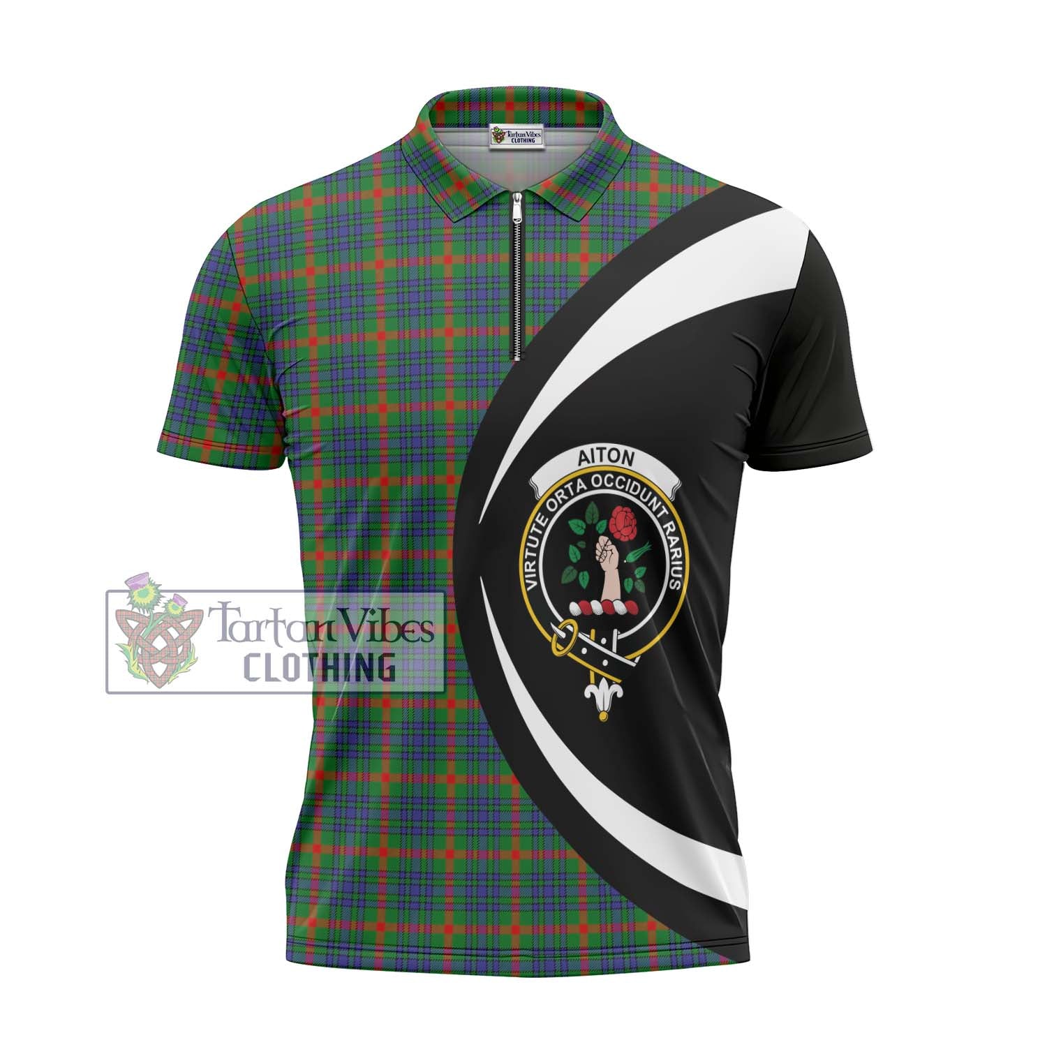 Aiton Tartan Zipper Polo Shirt with Family Crest Circle Style - Tartan Vibes Clothing