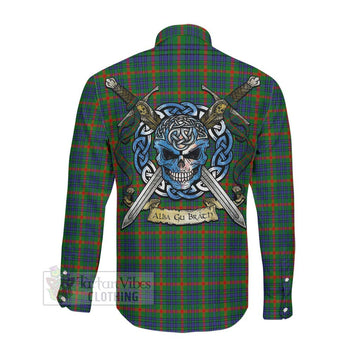 Aiton Tartan Long Sleeve Button Shirt with Family Crest Celtic Skull Style Men's Shirt - Tartan Vibes Clothing