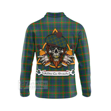 Aiton Tartan Long Sleeve Polo Shirt with Family Crest and Bearded Skull Holding Bottles of Whiskey - Tartan Vibes Clothing