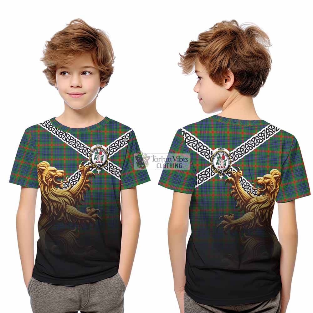 Aiton Crest Tartan Kid T-Shirt with Golden Lion Emblem Celtic Style - Tartan Vibes Clothing