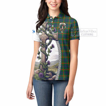 Aiton Tartan Women's Polo Shirt with Family Crest and St. Andrew's Cross Accented by Thistle Vines - Tartan Vibes Clothing