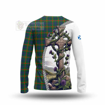 Aiton Tartan Long Sleeve T-Shirt with Family Crest and St. Andrew's Cross Accented by Thistle Vines - Tartan Vibes Clothing