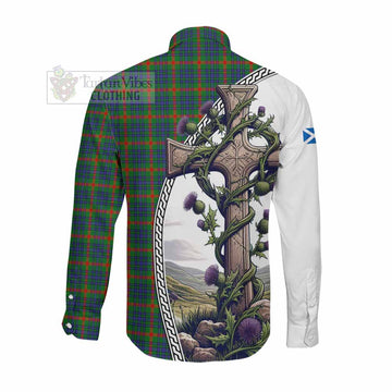 Aiton Tartan Long Sleeve Button Shirt with Family Crest and St. Andrew's Cross Accented by Thistle Vines Men's Shirt - Tartan Vibes Clothing