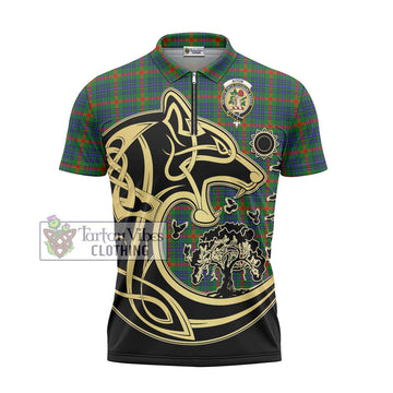 Aiton Tartan Zipper Polo Shirt with Family Crest Celtic Wolf Style - Tartan Vibes Clothing
