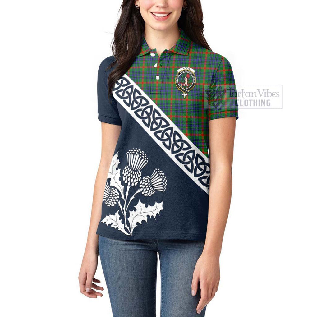 Aiton Tartan Women's Polo Shirt Featuring Thistle and Scotland Map - Tartanvibesclothing Store