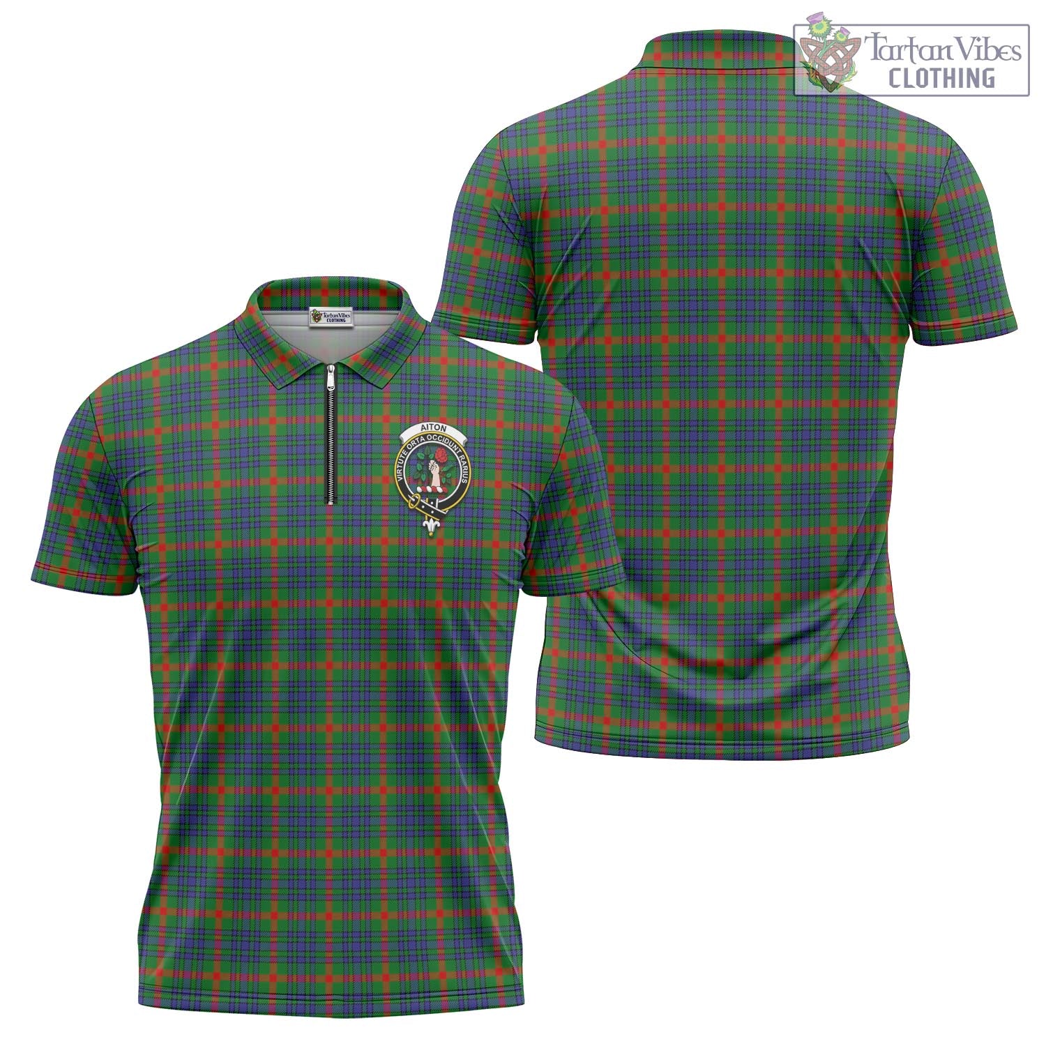 Tartan Vibes Clothing Aiton Tartan Zipper Polo Shirt with Family Crest