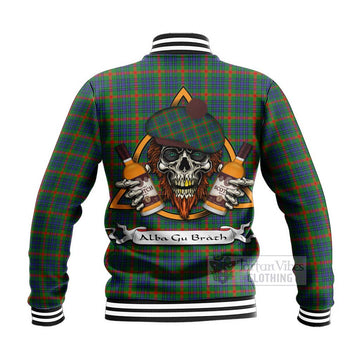 Aiton Tartan Baseball Jacket with Family Crest and Bearded Skull Holding Bottles of Whiskey - Tartan Vibes Clothing